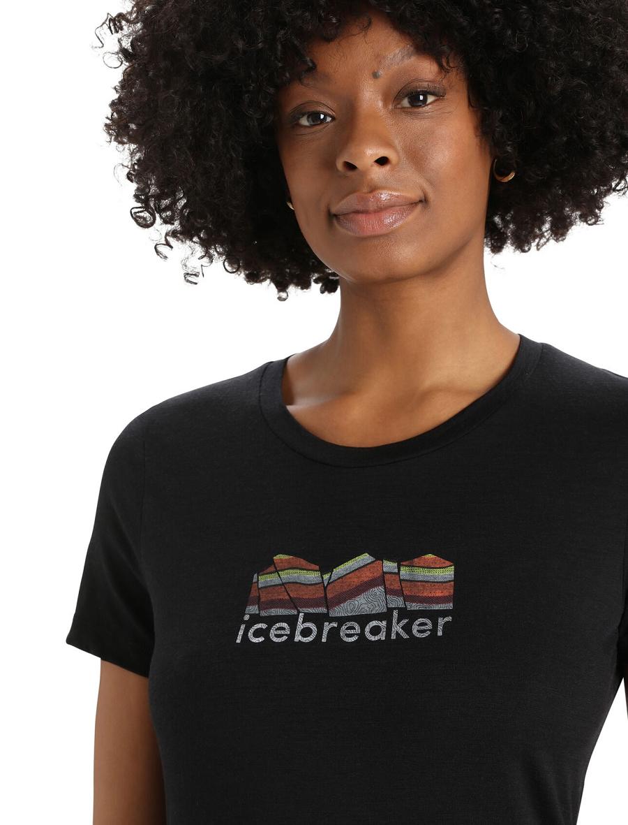 Black Women's Icebreaker Merino Tech Lite II Short Sleeve Mountain Geology T Shirts | USA 1610KORI